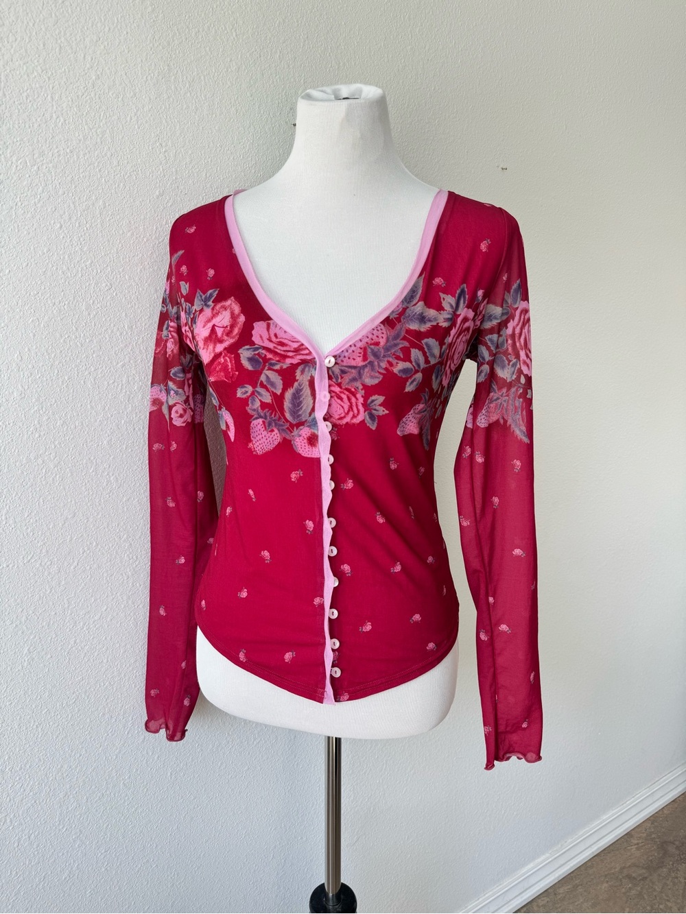 Free People Home Grown Mesh Pink floral button up V-neck long sleeve